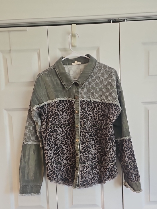 Mystree Jackets & Blazers - Mystree Olive Green Leopard Patchwork Jean Jacket